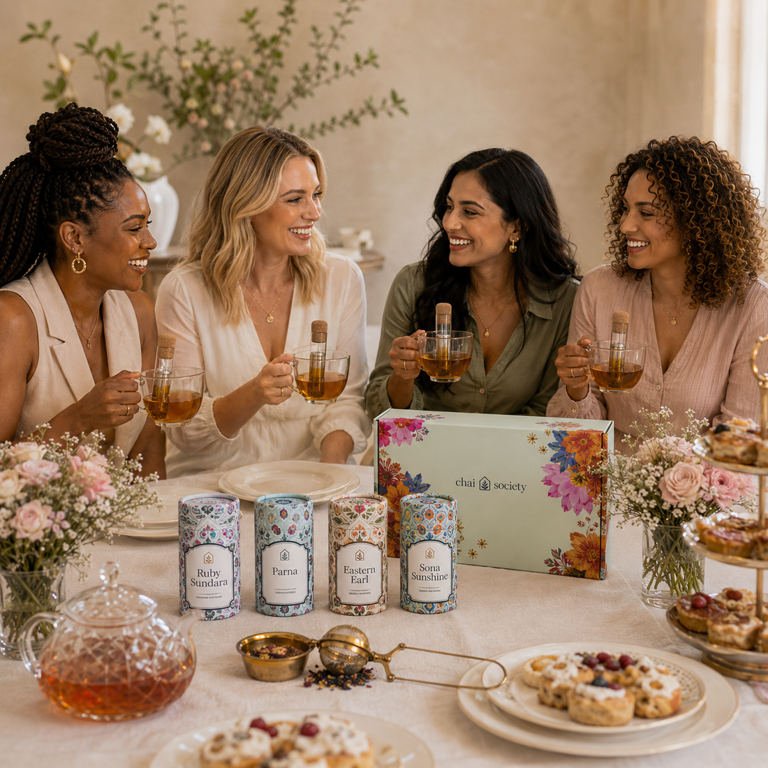 Four friends sharing Chai Society loose-leaf tea and baked treats at a high tea table, with Ruby Sundara, Parna, Eastern Earl and Sona Sunshine canisters