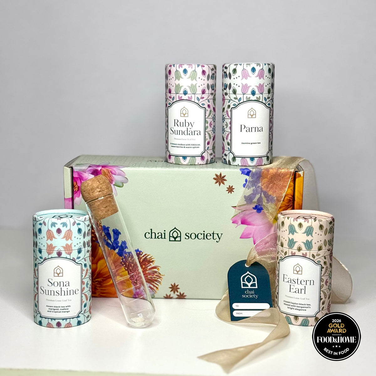 Hand-crafted Chai Society tea gift box presented as a respectful Diwali gift for parents and in-laws