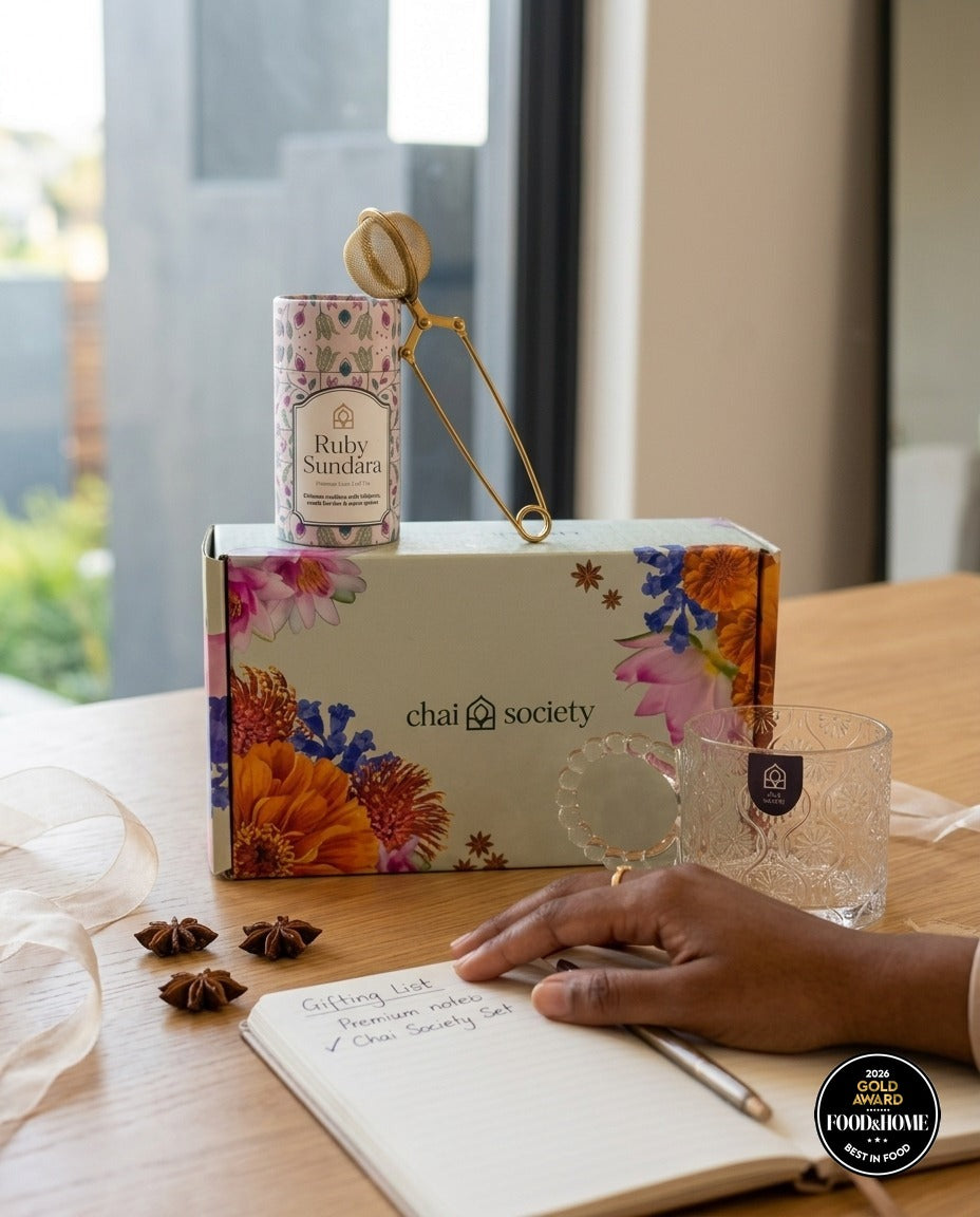 The First Pour tea gift box styled with a gifting list, suited to corporate Diwali client gifting