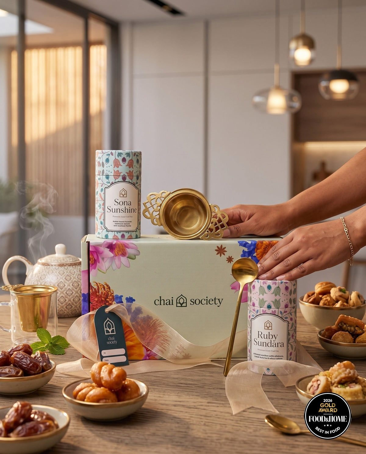 Chai Society gift box and teas on a Diwali table with sweets and dates