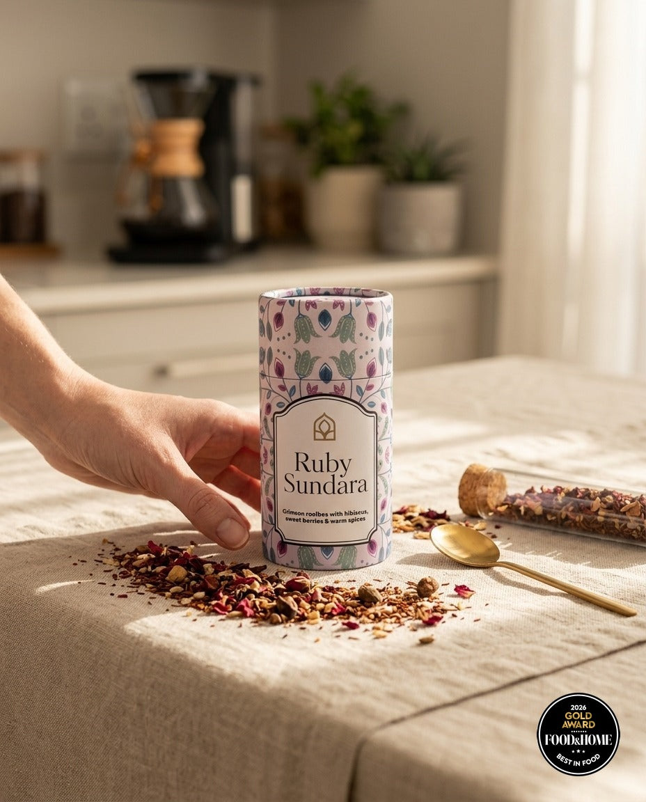 Hand setting down a Ruby Sundara rooibos canister on a linen-covered morning table