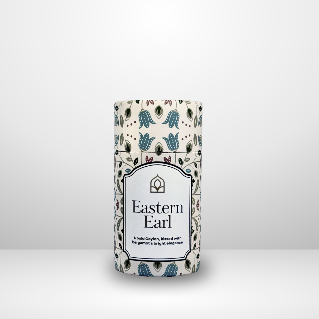 Tea canister with 'Eastern Earl' branding on a white background. Chai Society.