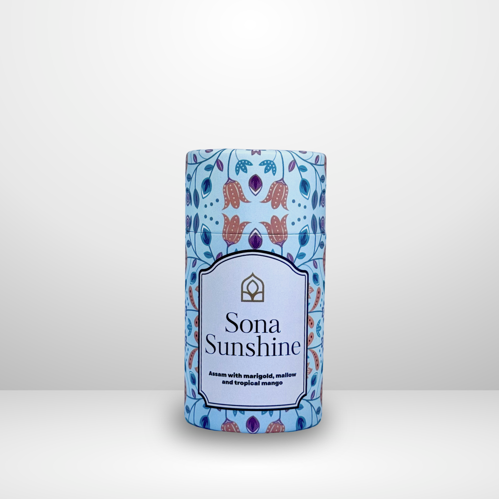Sona Sunshine product packaging with decorative design on a whitebackground. Chai Society.