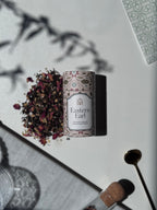 Tea packaging labeled 'Eastern Earl' with loose tea leaves on a light surface.
