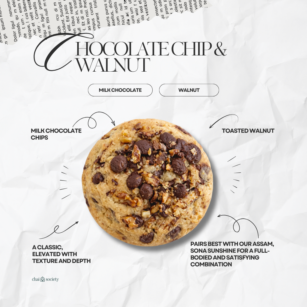 Close up of chocolate chip and walnut cookie with soft texture and crunchy toasted walnuts