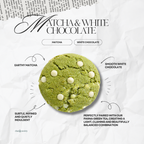 Close up of matcha and white chocolate cookie with soft texture and green tea notes