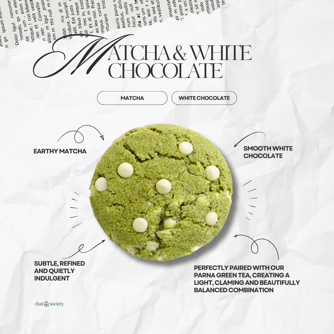 Close up of matcha and white chocolate cookie with soft texture and green tea notes